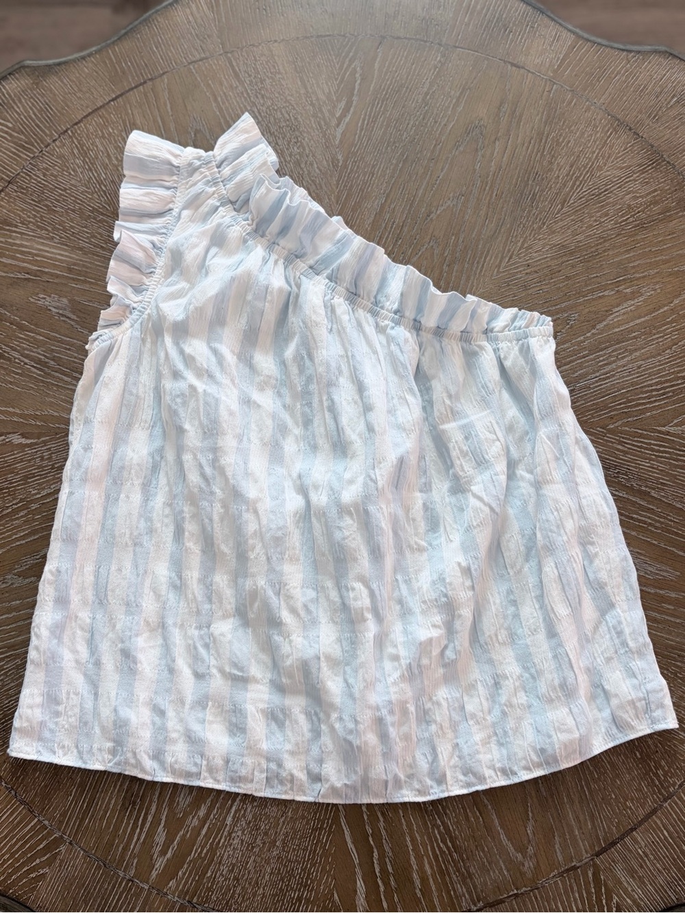Mason’s Daughter Light Blue and White Striped One-Shoulder Ruffle Top Small